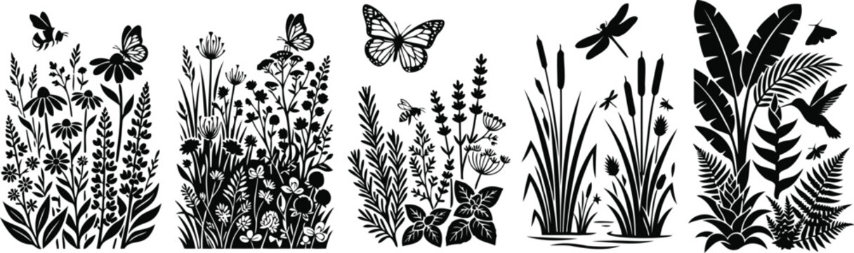 Set of black nature silhouettes with flowers and insects