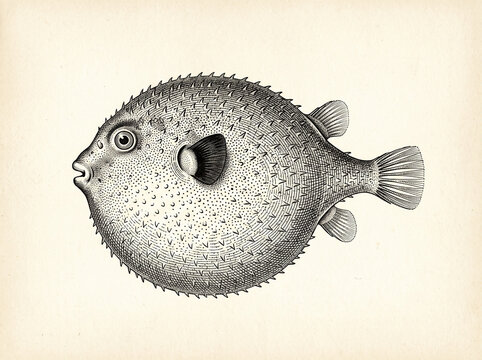 Antique engraving of an inflated spotted pufferfish on aged cream paper, curiosity of the sea
