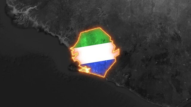 Sierra Leone map with national flag animated glowing border video