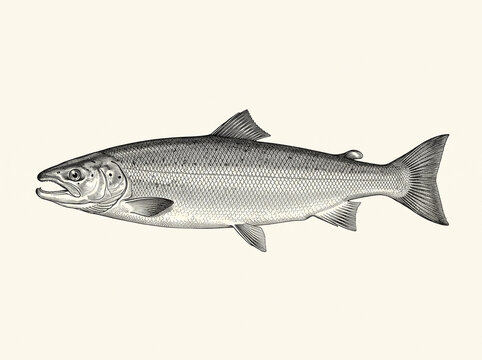 Vintage engraving of a slender streamlined fish in profile on plain aged paper