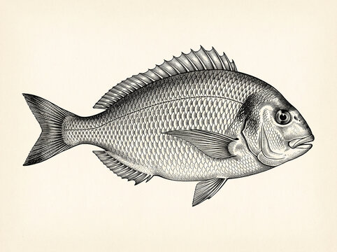 Natural history engraving of a spiny finned fish in profile on aged paper, vintage ichthyology plate