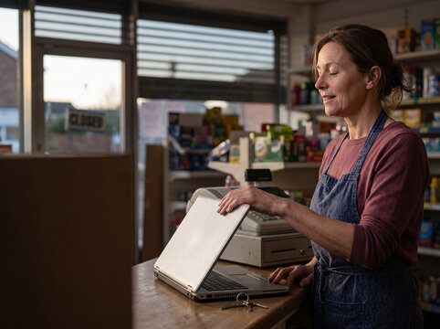 Woman opening laptop at shop counter