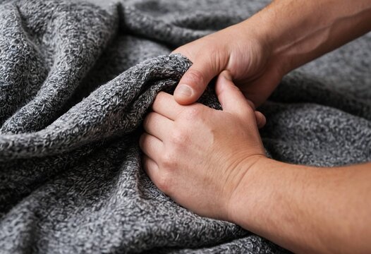 Close-up of hands gently holding a textured, soft grey blanket or throw fabric