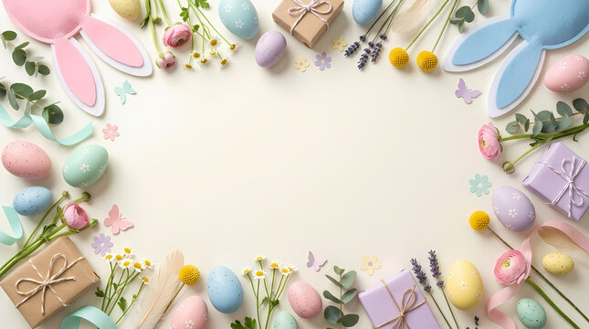 Easter-themed flat lay with colorful eggs and spring decorations