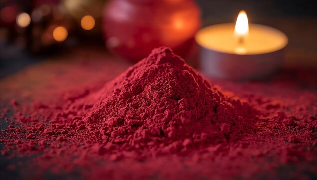 Vibrant mound of red powder pigment resting on a dark surface with a glowing candle nearby