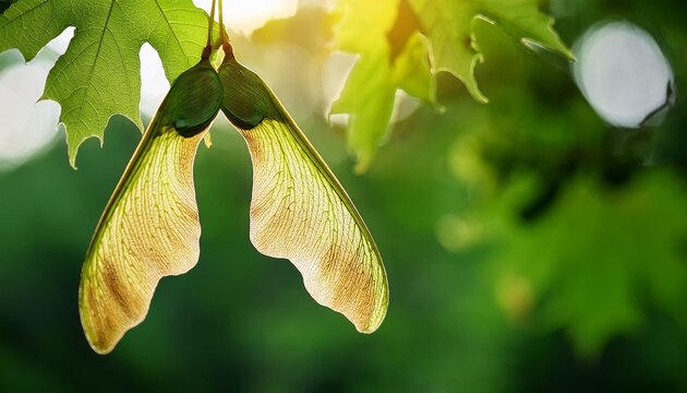 Close Up Of Fresh Maple Seeds Against Green Foliage Capturing Forest Detail