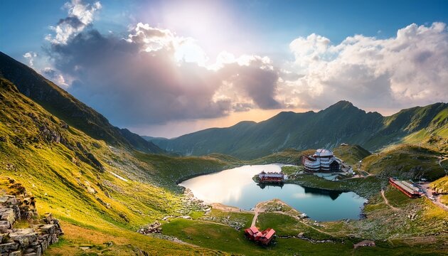 Balea Lake In Fagaras Mountain Romania Evening Landscape