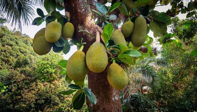 Jackfruit Tree With Green Fruits In A Tropical Forest