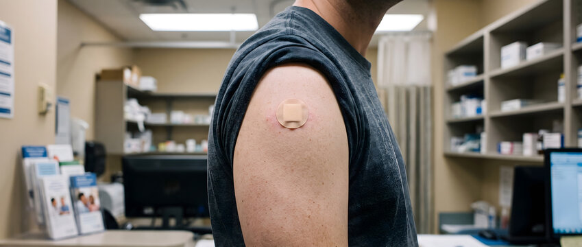 Horizontal medium close-up of a patient's shoulder with an adhesive bandage after vaccination inside a pharmacy or clinic, healthcare and immunization concept