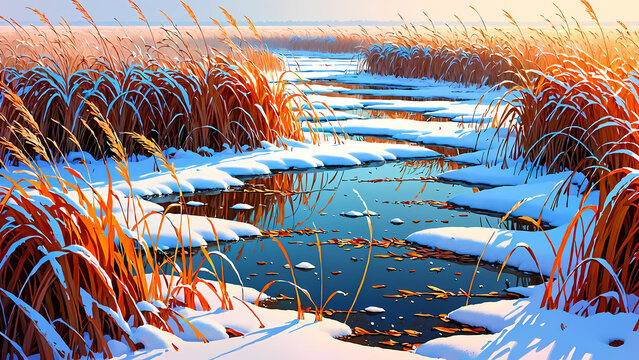 Snow-Covered Wetland with Frost-Covered Common Reeds, Winter Landscape Illustration