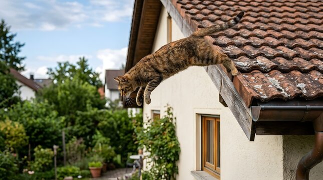 Active Cat Jumping Off Roof During Daytime