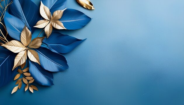 Elegant Arrangement Of Blue Leaves And Golden Accents On A Minimalistic Background Perfect For Nature Inspired Themes