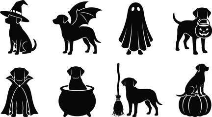 Fototapeta premium Halloween Dog Silhouette Collection in Spooky Costumes with Pumpkin Ghost and Witch Elements for Graphic Design Projects