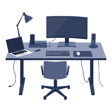 A clean flat vector illustration of a modern computer workspace setup featuring a large monitor, open laptop connected as dual screen, desk speakers, adjustable desk lamp, keyboard, mouse, and an ergo