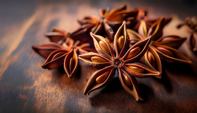 Macro Closeup Of Star Anise Spice Clusters Deep Brown Rustic Texture Aromatic Herbal Ingredient Food Culinary Photography Seasoning
