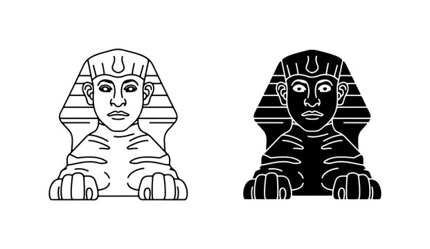 Egyptian Sphinx Icons, Ancient Mythical Creature Vector Art, Cairo Landmark Symbols, Black and White Line Drawings
