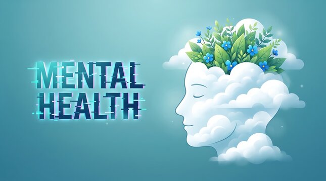 Mental health concept with a human head formed from clouds and foliage