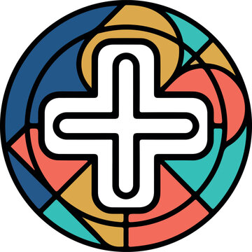 Medical cross health symbol with creative abstract colorful geometric stained glass patterns isolated on white background