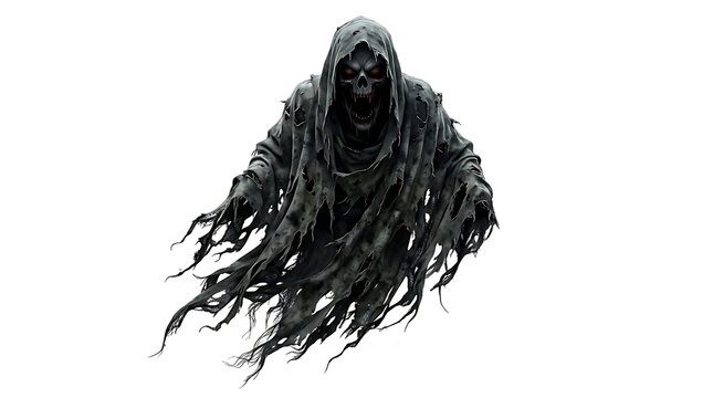 A terrifying dark grim reaper ghost with glowing red eyes wearing a tattered black robe isolated on transparent background