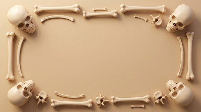 Human skeletal bones arranged in a rectangular frame on a beige background