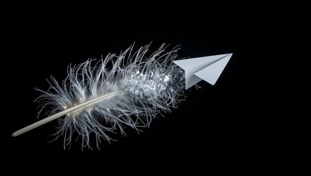 Delicate white feather transforming into a paper airplane against a solid black background