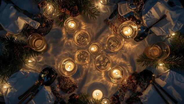 Festive dining table setting with glowing candles and evergreen branches in a dark room