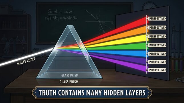 A detailed structured arrangement of light rays passing through a glass prism in a classroom setting with physics formulas.