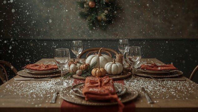 Festive holiday dining table set with pumpkins and orange napkins under falling fake snow