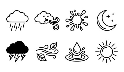 Fototapeta premium Weather Forecast and Nature Line Icon Set Featuring Rain Cloud, Wind, Splash, Crescent Moon, Thunderstorm, Flying Leaves, Water Drop, and Sun Symbols