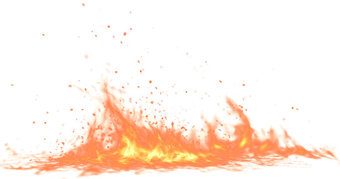 Fire blaze with scattered sparks, burning particles and intense flames.