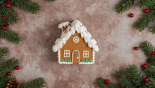 Festive gingerbread house decorated with white icing surrounded by pine branches and berries