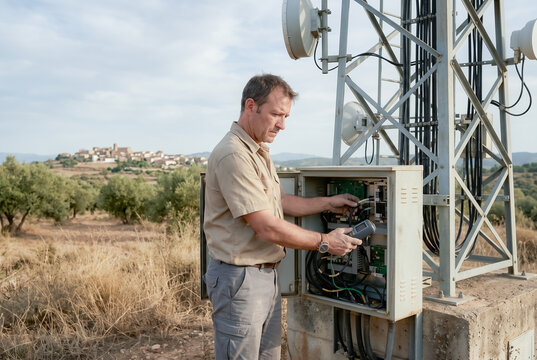 Telecommunications technician maintaining rural network infrastructure