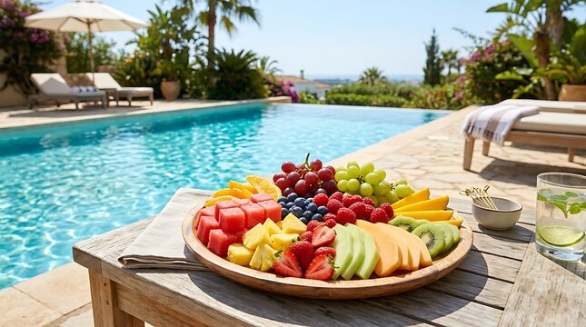 Fresh fruit platter on wooden table by luxury resort swimming pool.