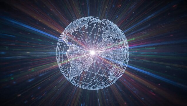 Glowing digital globe made of interconnected data points surrounded by streaks of light rays
