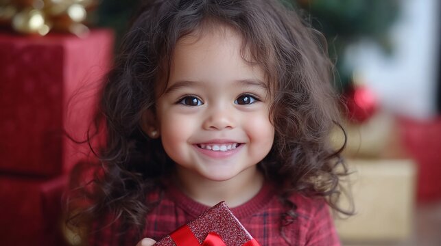A little girl smiles with a gift in front of a Christmas tree.