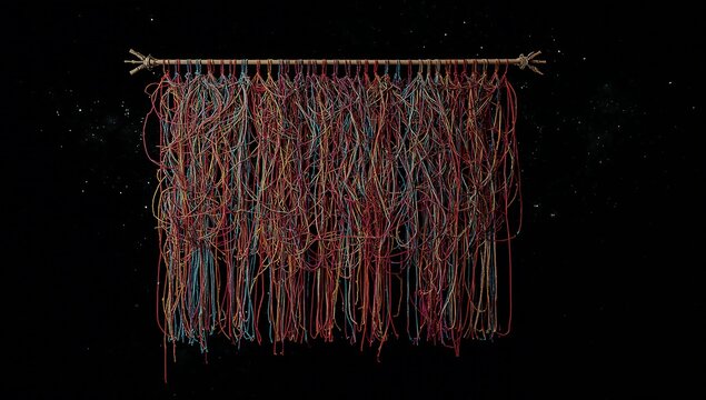 Large intricate macrame wall hanging made of colorful yarn threads on a wooden branch rod