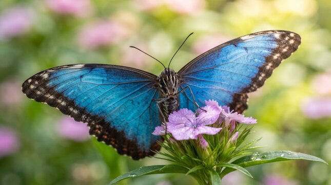 Macro close-up of a blue morpho butterfly feeding on a pink flower