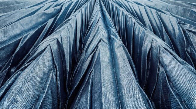 Slate blue mesh textile with sharp radial pleats creates a geometric pattern of repeating folds and deep shadows