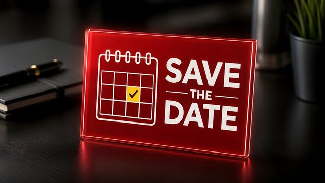 Glowing red Save The Date sign with calendar icon on desk surface indicating an important event reminder in modern office workspace