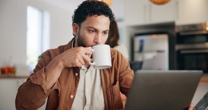 Coffee, writer and man on laptop in remote work for research, schedule update and editing blog. Review, home or journalist drinking beverage for writing story draft, article or to do list of task