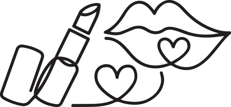 Continuous Line Art of Lipstick and Kiss Mark with Heart Symbol, Beauty and Makeup Concept. one line art icon darwing vector