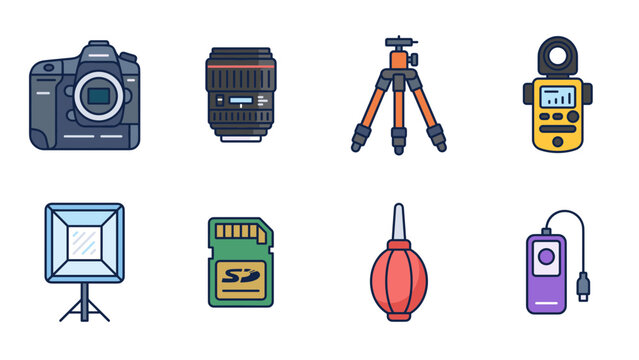 Professional Photography Equipment Icon Set with Camera Lens Tripod and Studio Accessories