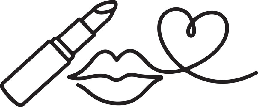 Continuous Line Art of Lipstick and Kiss Mark with Heart Symbol, Beauty and Makeup Concept. one line art icon darwing vector
