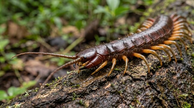 Macro close-up of a centipede crawling on a mossy log in a forest