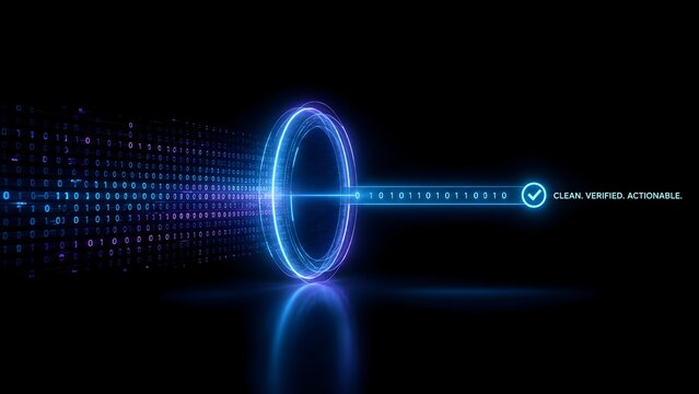 Glowing blue checkmark icon verifying a digital binary code stream emerging from a futuristic portal representing clean actionable data