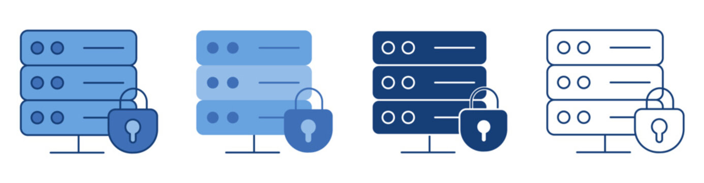 Secure Database Server Security Icons Set with Storage Rack and Protection Padlock Lock Blue Line and Solid Symbol Isolated on White Background