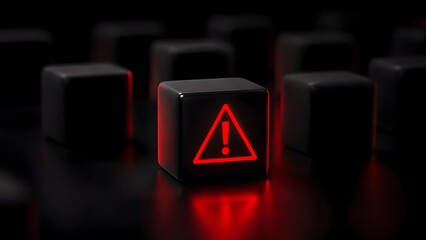 Fototapeta premium Highlighted black cube with glowing red warning exclamation mark representing data error system hazard and cybersecurity risk among digital blocks