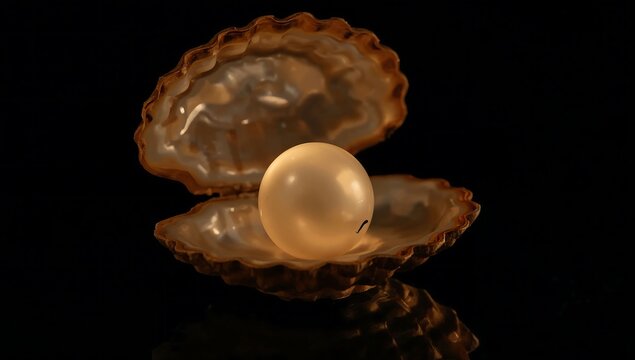 Single lustrous white pearl resting inside an open textured seashell against black background
