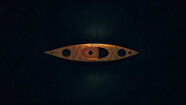 Single yellow kayak floating on dark calm water viewed from a high angle aerial perspective
