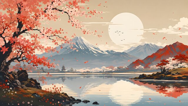 Japanese landscape illustration featuring mount fuji view across serene water and cherry blossom tree